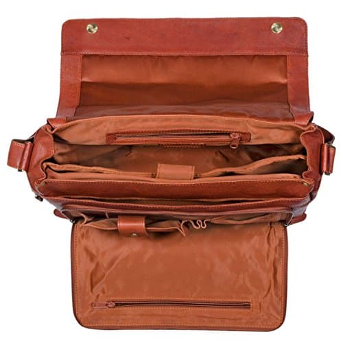 Bolso de cuero de coñac para profesores con dimensiones 41 x 32 x 12 cm.