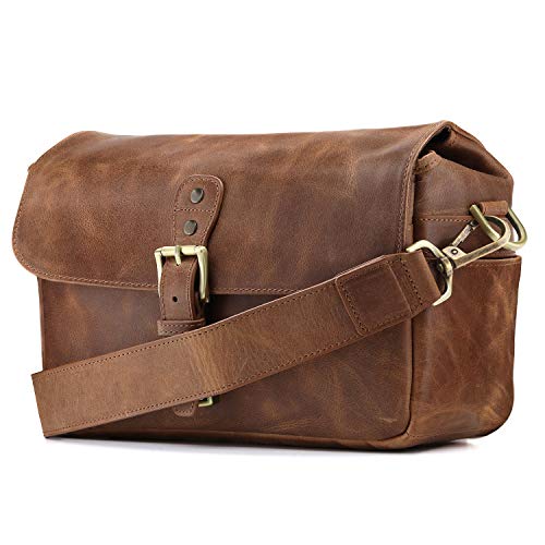 Bolsa de cámara de hombro, Cognac de cuero, compacto, bolsa de cámara de hombro hombre mujer, bolsa de cámara de cuero marrón Cognac, bolsa de cámara de cuero urbano Megagear, bolsa de cámara de cuero con correa de hombro