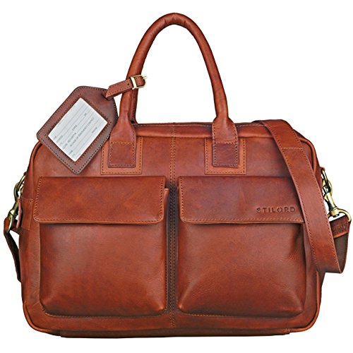 Bolsa con 2 compartimentos, uno de los cuales es acolchado e ideal para un ordenador portátil, bolsa de coñac Stilord para hombres