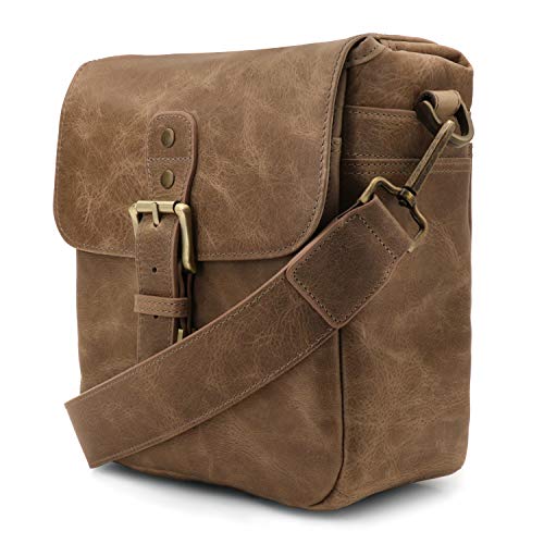 Bolsa rectangular para cámara fotográfica, bolsa de cuero vintage marrón con correa de hombro.