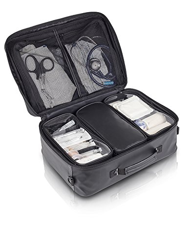 Un maletín de enfermería negro con 3 grandes compartimentos extraíbles y bolsillos con cremallera translúcidos.